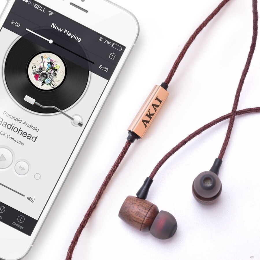 Casti In-Ear Akai BTE-W200F, Jack 3.5 mm, Microfon, Bambus