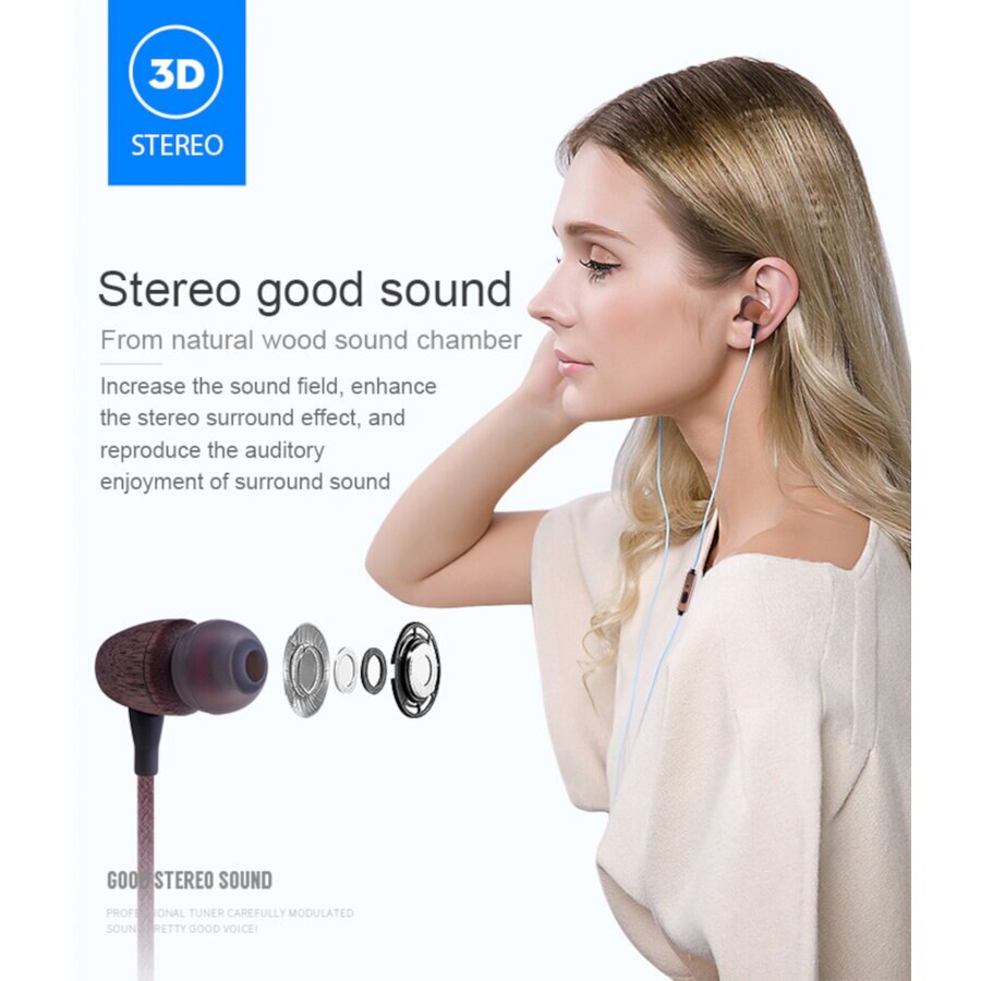 Casti In-Ear Akai BTE-W200F, Jack 3.5 mm, Microfon, Bambus