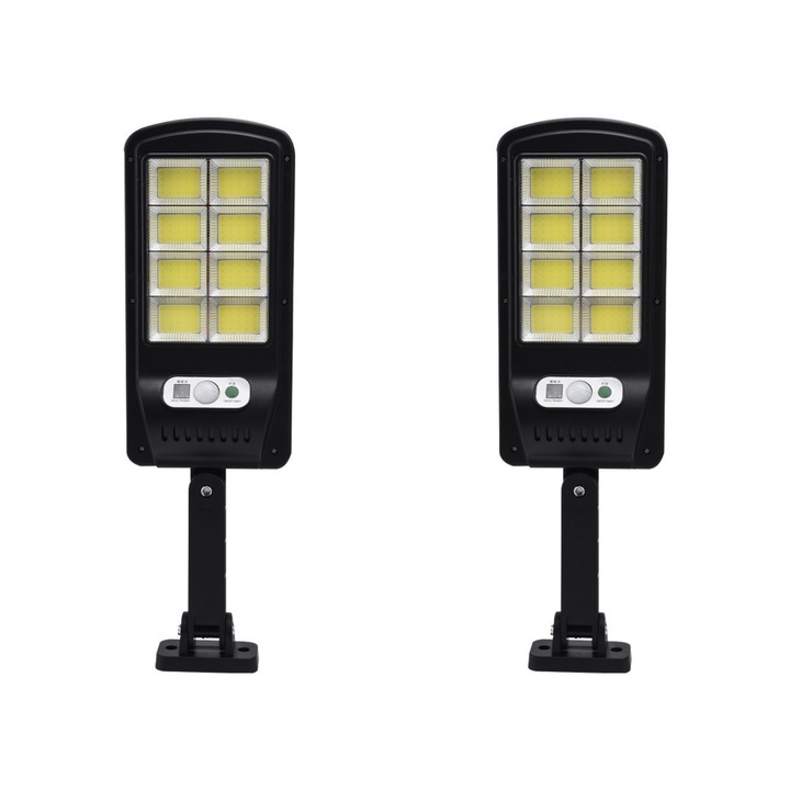 Комплект от 2x COB LED соларни улични лампи със сензор за движение и здрач, с дистанционно управление, 160 LED, 150 W, IP65, черни