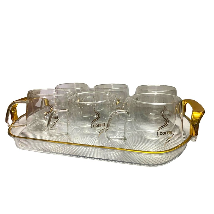 Set 6 Cani Pereti Dubli 200 ml si Tava cu Manere Aurii 35x 24 cm