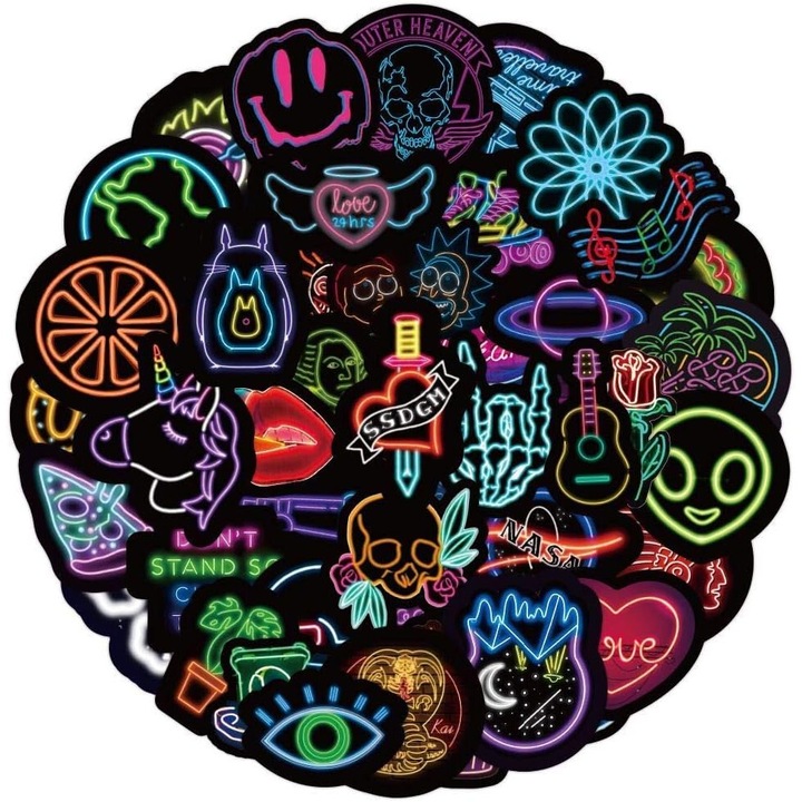 Set de 50 autocolante din vinil impermeabile, AMRINUGL, design neon, culori vibrante, personalizabile