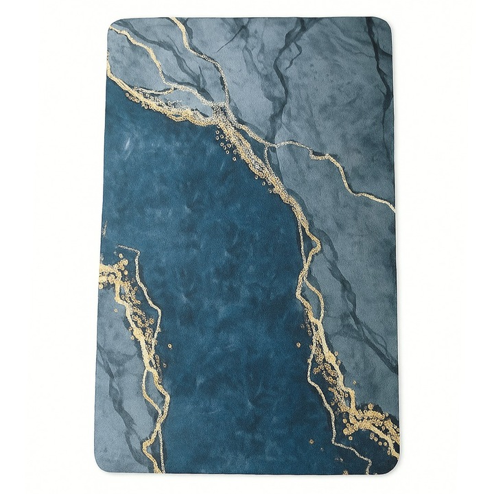 Covor de baie, Zola, model abstract, 50 x 80 cm, antiderapant, poliester, gri albastrui/auriu