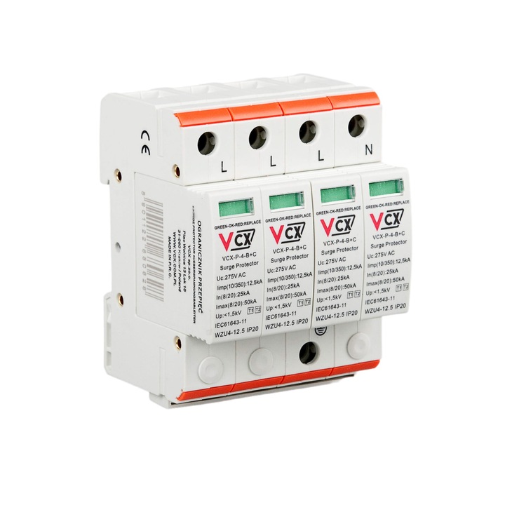Siguranta electrica, VCX, T1T2 4P 12,5kA, IP20, 275V AC