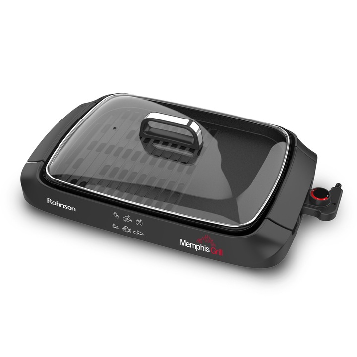 Gratar electric cu capac, Rohnson R2527 Memphis, 2000W, 30 x 40 cm, termostat detasabil, placa detasabila antiaderenta, tava de picurare, protectie la supraincalzire, termostat detasabil, negru