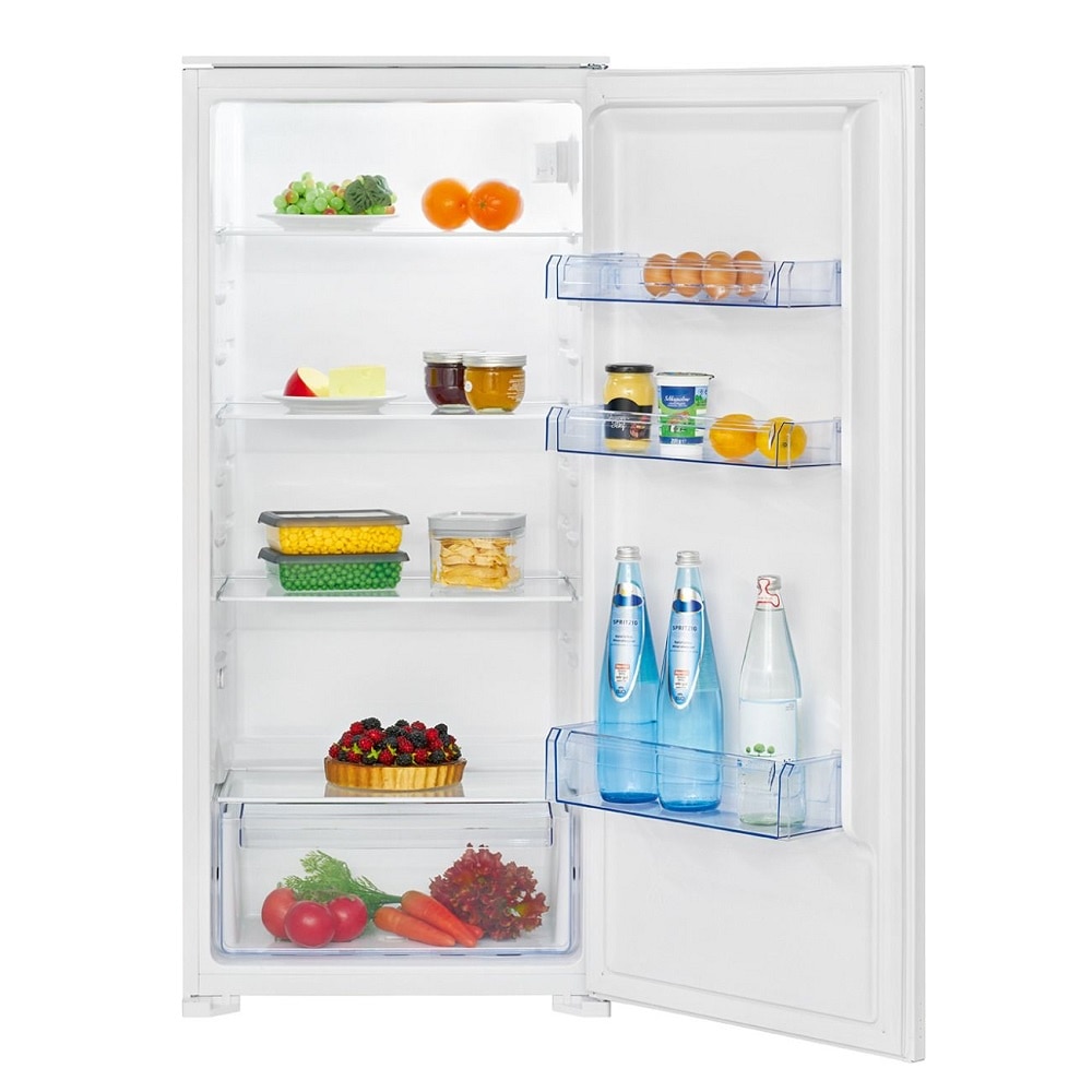 Frigider incorporabil Bomann, VSE7811W, H 122 cm, volum 199 litri, consum redus, functie SMART control temperatua, 4 rafturi sticla securizata, 3 rafturi pe usa, iluminat interior LED, compartiment legume/fructe, dezghetare automata, alb