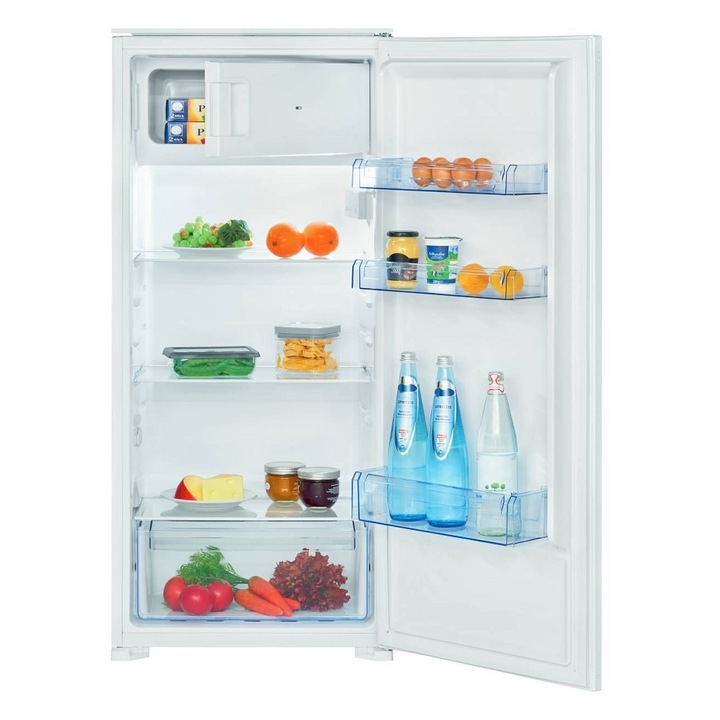 Frigider incorporabil Bomann, KSE7812W, H 122 cm, volum 181 litri, congelator 14 litri, consum redus, functie SMART control temperatua, 3 rafturi sticla securizata, 3 rafturi pe usa, iluminat interior, compartiment legume/fructe, dezghetare automata, alb