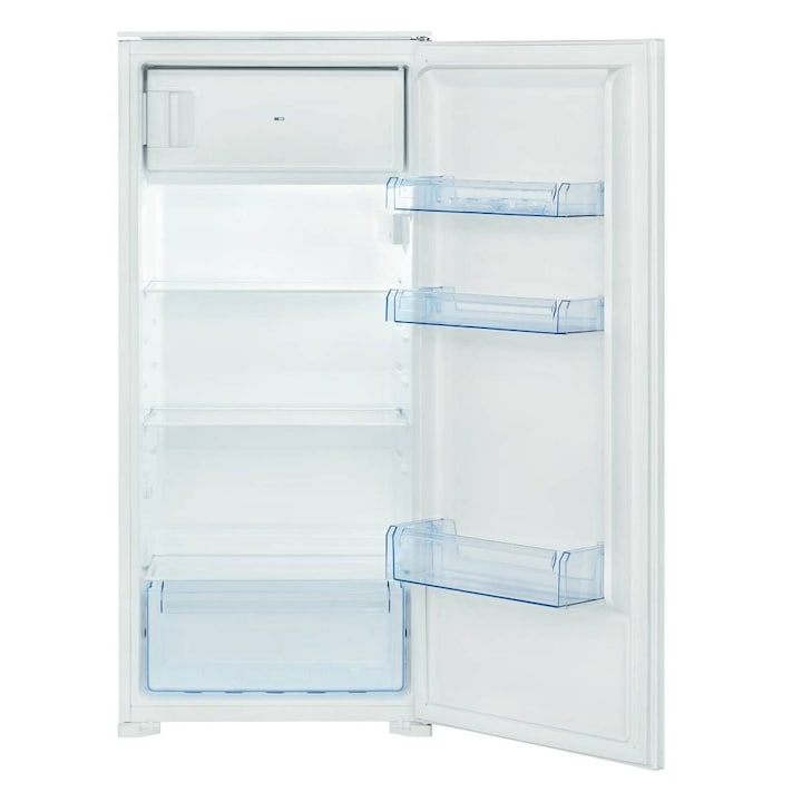 Bomann beépíthető hűtő,KSE7812W,H 122 cm,űrtartalom 181 liter,fagyasztó 14 liter,alacsony fogyasztás,SMART hőmérséklet szabályzó funkció,3 rögzített üvegpolc,3 polc az ajtón,belső világítás,zöldség/gyümölcs rekesz,automatikus leolvasztás,fehér