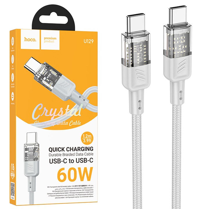 Hoco töltő- és adatátviteli kábel, 1,2 m, USB-C-USB-C csatlakozók, textil borítással, tápellátás 60 W, Spirit sorozat, szürke (U129)