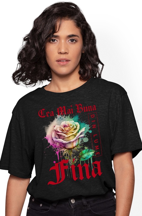 Tricou Femei Cu Textul Cea Mai Buna Fina, Din Lume, Floare, Trandafir Colorat, Watercolor, Pictura pe Apa, Design, cu imprimeu pe Fata, 100% Bumbac, Negru, L