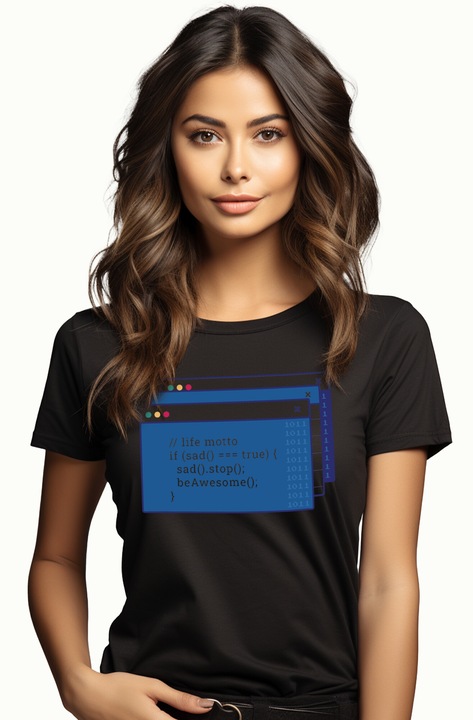 Tricou Femei Cu Cod, Text Limba Engleza, If Sad True Sad Stop Be Awesome, Programatori, Multicolor, cu imprimeu pe Fata, 100% Bumbac, Negru, XS