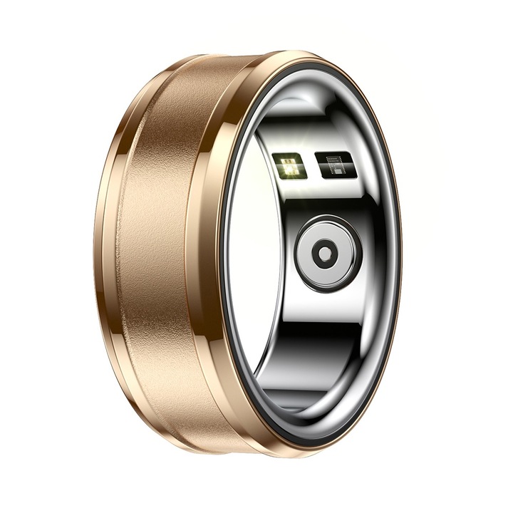 Мултифункционален смарт пръстен UIQ R3 Unisex, Bluetooth 5.1, HRV, Мониторинг на упражненията, Пулс, Кислородна сатурация, Стрес тест, Калории, Педометър и сън, Мулти-спорт, Водоустойчив, 18 mAh, Неръждаема стомана, Размер 19 мм, Злато