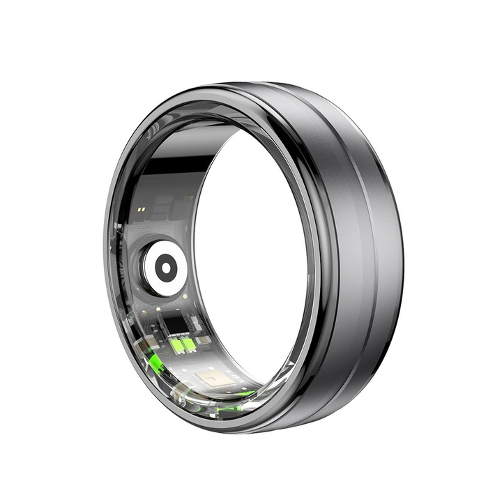 Мултифункционален интелигентен пръстен UIQ R06 Унисекс, Bluetooth 5.0, Наблюдение на упражненията, Пулс, Кислородно насищане, Стрес тест, Калории, Педометър и сън, Мулти-спорт, Водоустойчив, 200 mAh, Неръждаема стомана, Размер 19,8 mm, Черен