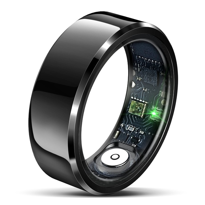 Мултифункционален смарт пръстен UIQ R6 Unisex, Bluetooth 5.1, HRV, Мониторинг на упражнения, Пулс, Кислородна сатурация, Стрес тест, Калории, Педометър и сън, Мулти-спорт, Водоустойчив, 18 mAh, Неръждаема стомана, Размер 20,6 mm, Черен
