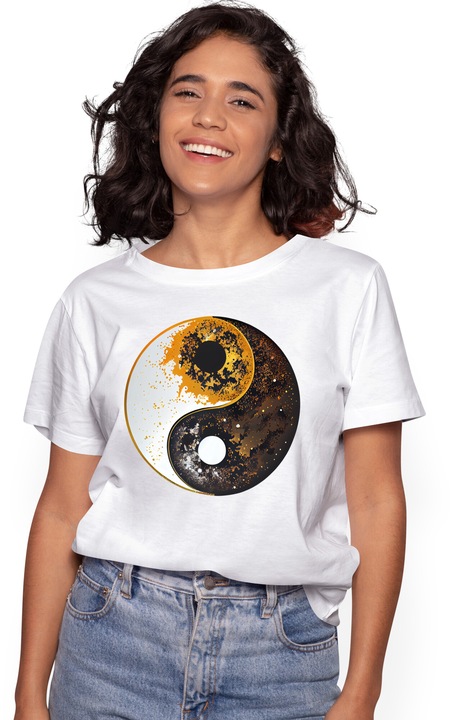 Tricou Femei Cu Simbol Ying Si Yang, Bine Si Rau, Discrepanta Dintre Alb Si Negru, Crezatorii De Mit, Multicolor cu imprimeu pe Fata, 100% Bumbac, Alb, XS