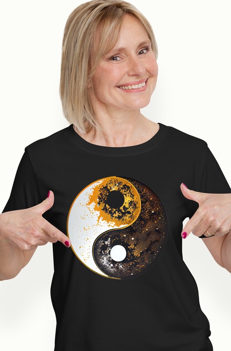 Tricou Femei Cu Simbol Ying Si Yang, Bine Si Rau, Discrepanta Dintre Alb Si Negru, Crezatorii De Mit, Multicolor cu imprimeu pe Fata, 100% Bumbac, Negru, XS