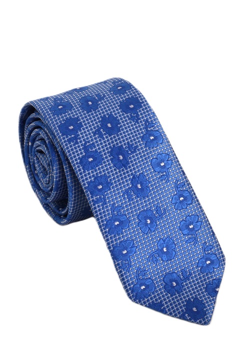 Cravata poliester, DUK, Imprimeu Floral, Model ingust, 146 x 6 cm, DK40001- 60, Albastru