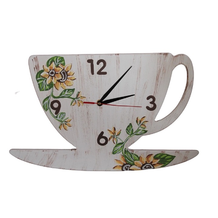 Ceas de perete, in forma de ceasca, Mdf, pictat manual, 20*40*35 cm