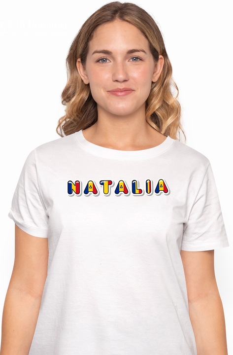 Tricou Femei Cu Numele Natalia, Romania, Suporter, Steagul Romaniei, Patriot, cu imprimeu pe Fata, 100% Bumbac, Alb, XL