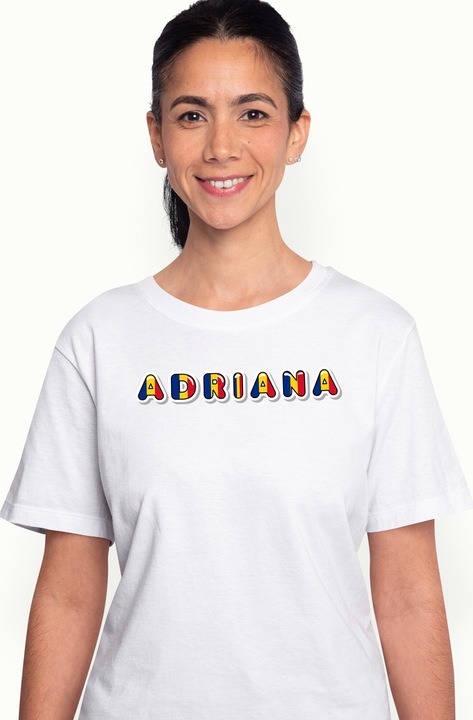 Tricou Femei Cu Numele Adriana, Romania, Suporter, Steagul Romaniei, Patriot, cu imprimeu pe Fata, 100% Bumbac, Alb, XL