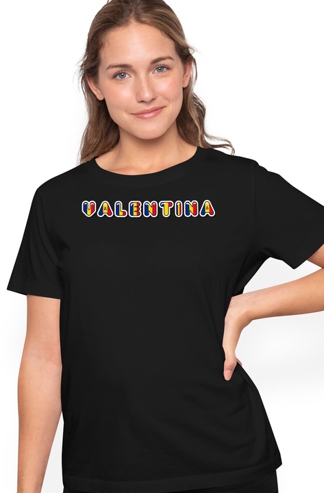 Tricou Femei Cu Numele Valentina, Romania, Suporter, Steagul Romaniei, Patriot, cu imprimeu pe Fata, 100% Bumbac, Negru, S