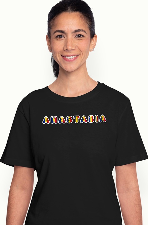 Tricou Femei Cu Numele Anastasia, Romania, Suporter, Steagul Romaniei, Patriot, cu imprimeu pe Fata, 100% Bumbac, Negru, XL