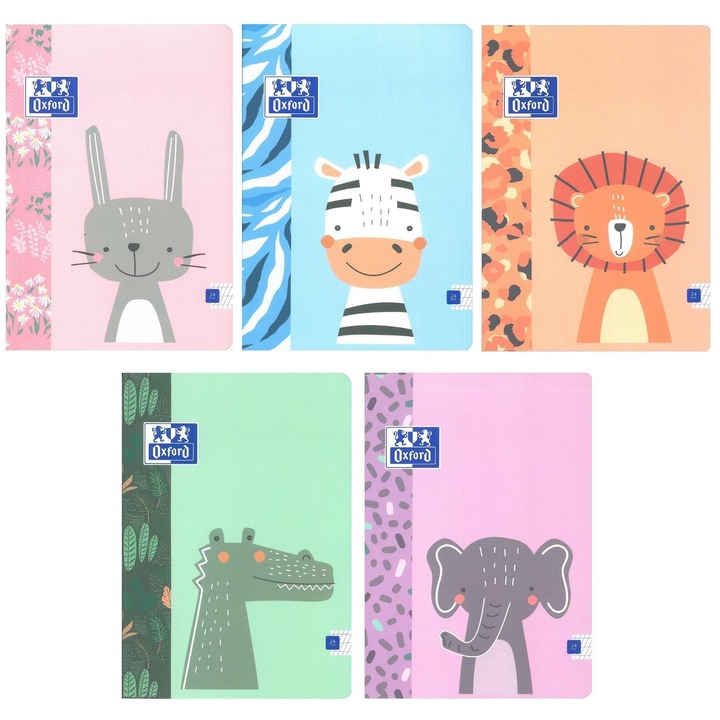 Set 5 caiete premium Tip I Oxford, 24 file, 90 g/mp, hartie Optik Paper, liniate, coperti plastifiate, design animale