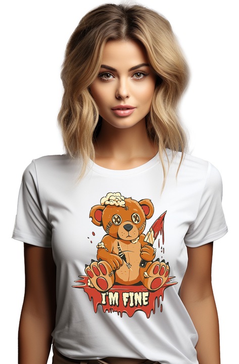 Tricou Femei Cu Ursulet De Plus Ranit Taiat Cu Un Cutit Cu Sange, Text In Engleza I'm Fine, Iubitorii De anime Multicolor cu imprimeu pe Fata, 100% Bumbac, Alb, XL