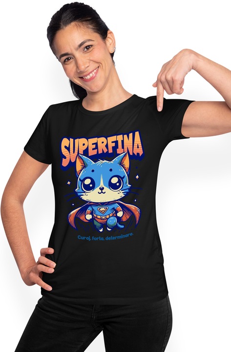 Tricou Femei Super Fina, SuperErou, Pisica Zburand, cu imprimeu pe Fata, 100% Bumbac, Negru, XS