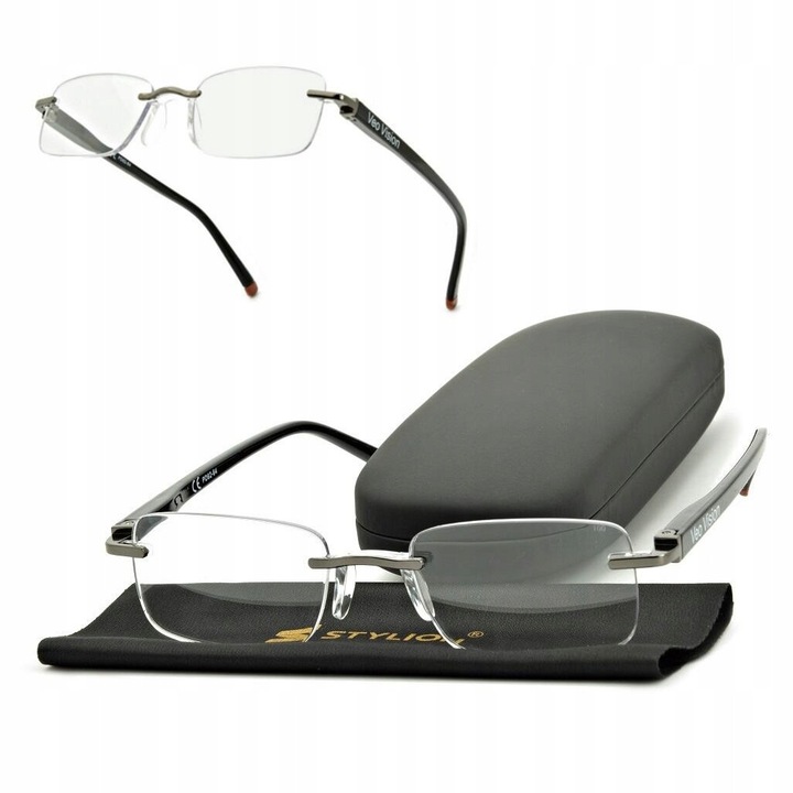 Ochelari de vedere corectivi premium STYLION, model ST323, cu lentile precise +3.00 si +3.50, pentru femei si barbati, rama neagra eleganta, pachet complet cu toc si laveta microfibra