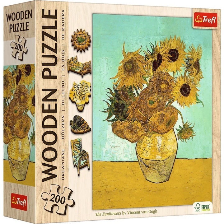 Trefl 200 db-os Wooden Contour Fa Puzzle - Van Gogh - Napraforgók (20249)