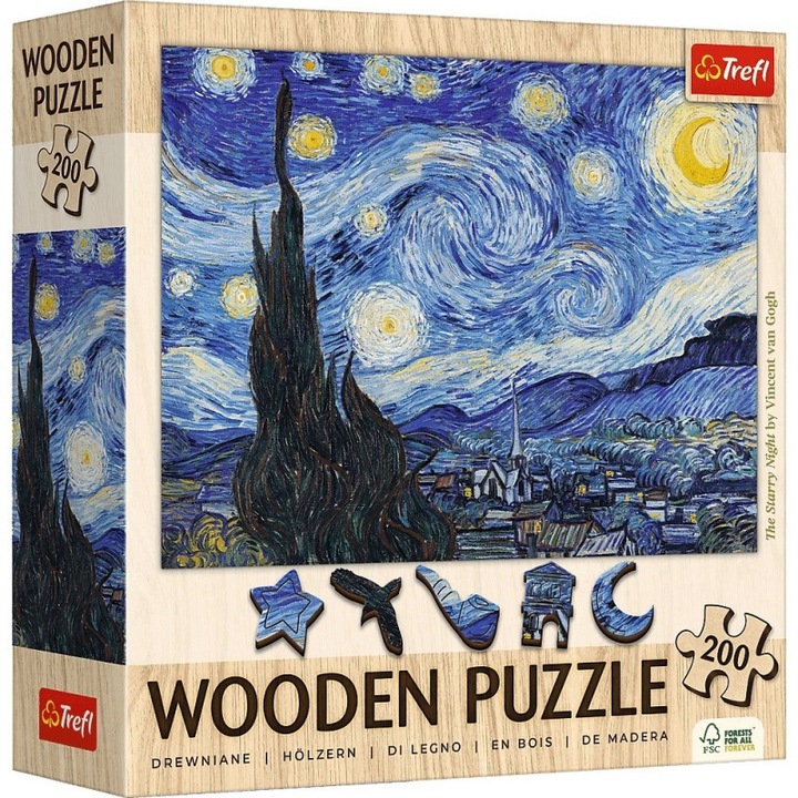 Trefl 200 db-os Wooden Contour Fa Puzzle - Van Gogh - Csillagos éj (20248)