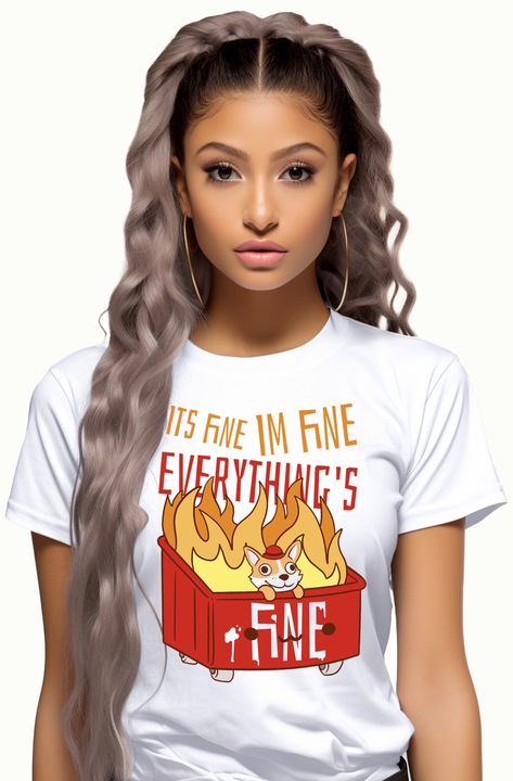 Tricou Femei Cu Caine Intr-o Lada In Flacari, Mesaj In Engleza It's Fine, I'm Fine Everything's Fine, Iubitorii De Animale, cu imprimeu pe Fata, 100% Bumbac, Alb, L