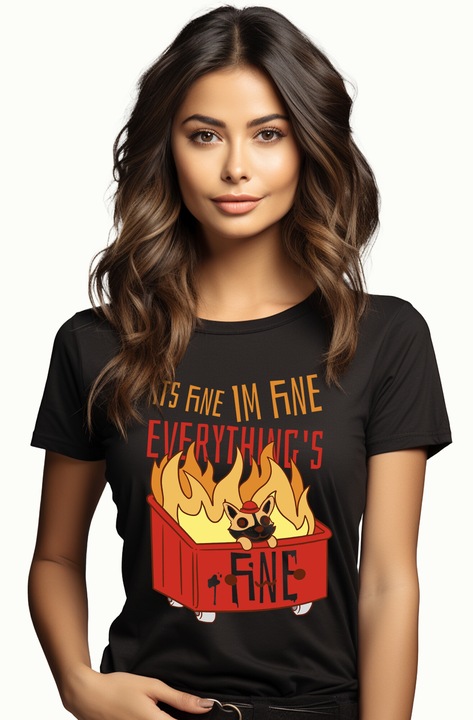 Tricou Femei Cu Caine Intr-o Lada In Flacari, Mesaj In Engleza It's Fine, I'm Fine Everything's Fine, Iubitorii De Animale, cu imprimeu pe Fata, 100% Bumbac, Negru, M