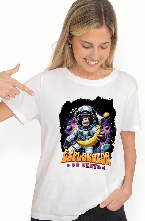 Tricou Femei Maimuta Astronaut - Explorator pe Viata, cu imprimeu pe Fata, 100% Bumbac, Alb, S