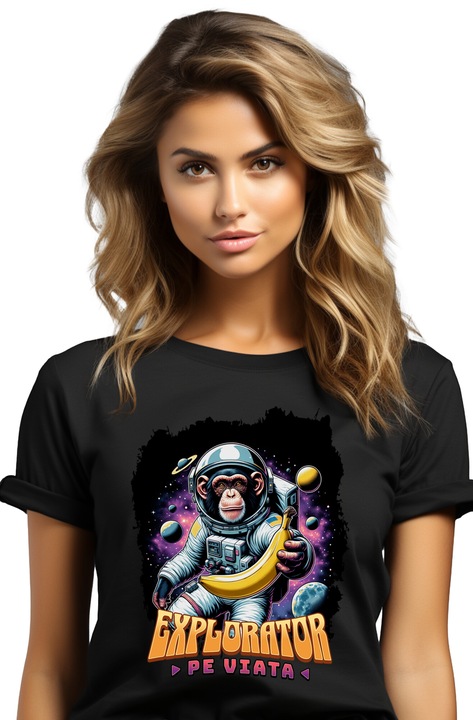 Tricou Femei Maimuta Astronaut - Explorator pe Viata, cu imprimeu pe Fata, 100% Bumbac, Negru, XL