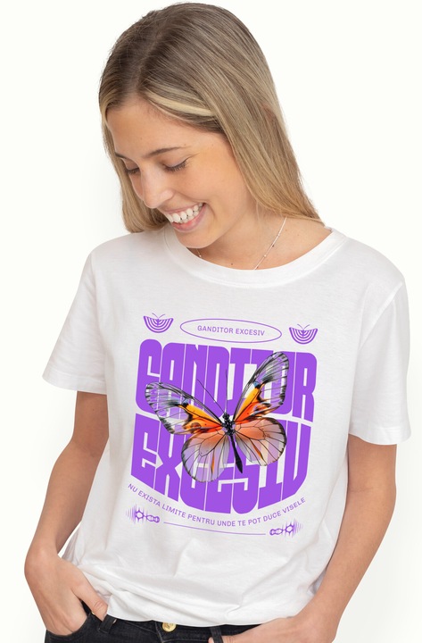 Tricou Femei FLUTURE - Ganditor Excesiv, cu imprimeu pe Fata, 100% Bumbac, Alb, XL