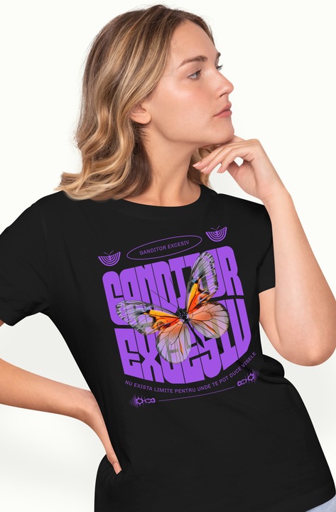 Tricou Femei FLUTURE - Ganditor Excesiv, cu imprimeu pe Fata, 100% Bumbac, Negru, XL