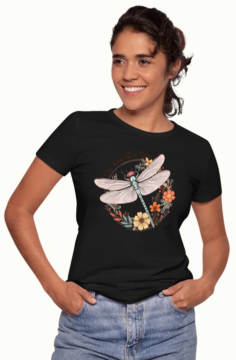 Tricou Femei cu libelula cu inconjurata de flori cu mesajul "One day at a time", rabdare, evolutie, plante, ilustratie, insecta cu imprimeu pe Fata, 100% Bumbac, Negru, S