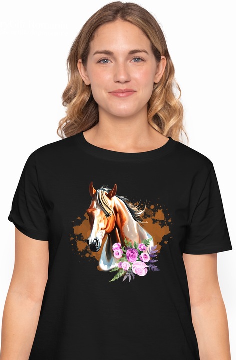 Tricou Femei cu un cal si cu flori roz, echitatie, calarit, animal, ilustratie, maro, pete albe X cu imprimeu pe Fata, 100% Bumbac, Negru, XS