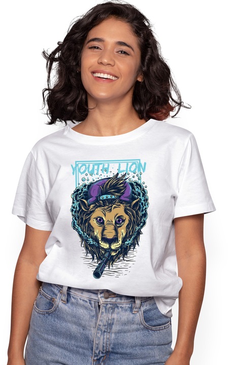 Tricou Femei Cu Mesaj In Engleza Youth Lion, Leul Tineretului, Fum, Sapca, Vape, Multicolor cu imprimeu pe Fata, 100% Bumbac, Alb, L