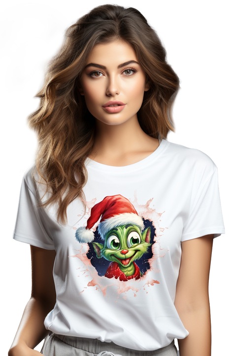 Tricou Femei cu Grinch, ilustratie, personaj, distruge Craciunul, sarbatoare, caciula, scoate capul prin perete, vesel, cu imprimeu pe Fata, 100% Bumbac, Alb, M