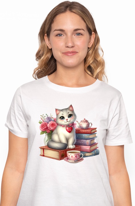 Tricou Femei cu o pisicuta vesela, alba, cenusie, teanc cu carti, cafea, flori, inimioara, trandafiri, ceainic, sta pe carte, Valentine's Day, lectura, cu imprimeu pe Fata, 100% Bumbac, Alb, XL