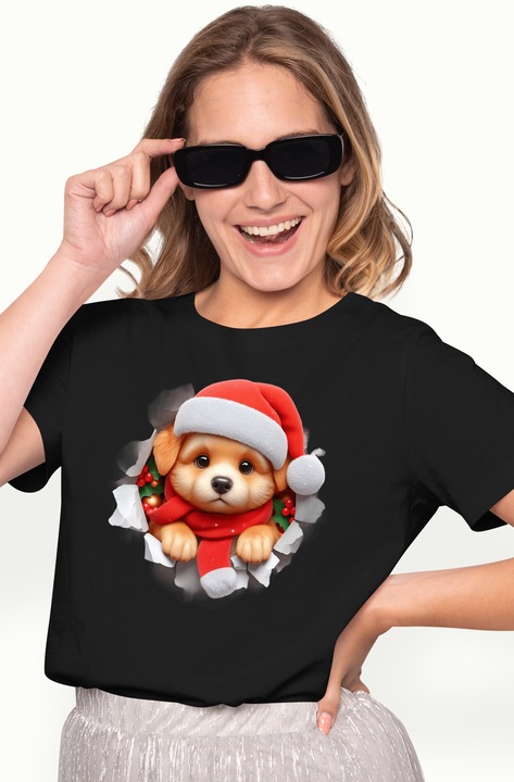 Tricou Femei cu un catelus serios care poarta o caciula de Craciun, ilustratie, sarbatori alaturi de cei dragi, putin tristut, vasc, cerc, prietenul omului, cu imprimeu pe Fata, 100% Bumbac, Negru, M