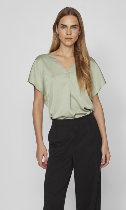 VILA olivazöld rövid ujjú fényes szatén blúz, Olívazöld