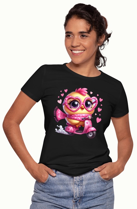 Tricou Femei cu un puisor de gaina, galben, fular roz, inimioare, se plimba cu scuterul, viteza, pasare, cu imprimeu pe Fata, 100% Bumbac, Negru, XS