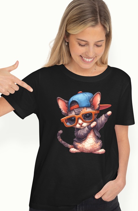 Tricou Femei cu un pisoi, ilustratie, rap, ochelari, danseaza, sapca, serios cu imprimeu pe Fata, 100% Bumbac, Negru, XL
