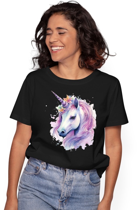 Tricou Femei cu un unicorn, ilustratie, floricele, serios, putin trist, coama mov, pete de culori cu imprimeu pe Fata, 100% Bumbac, Negru, XL