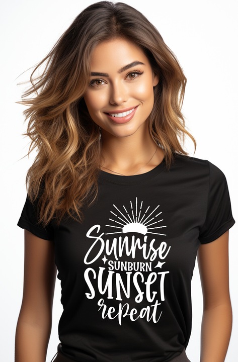Női póló angol "Sunrise, sunburn, sunset, ismétlés" szöveggel - sunrise sunburn sunset ismétlés arcnyomással, 100% pamut, fekete, L