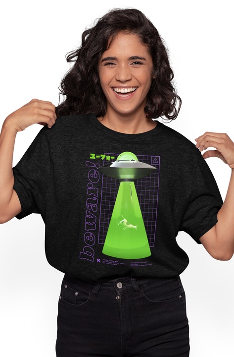 Tricou Femei Nava Spatiala Extraterestrii cu imprimeu pe Fata, 100% Bumbac, Negru, XL