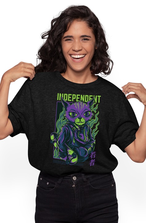 Лилава дамска тениска Gangster Cat с качулка и скейтборд, независим текст, съобщение на китайски, домашни любимци, любители на котки и котки, щампа отпред, 100% памук, черно, L